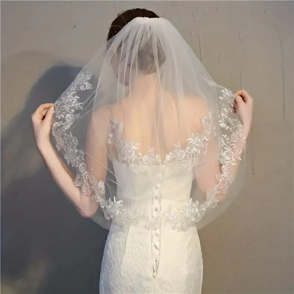 Floral Lace Edge Elbow Bridal Wedding Veil With Comb Ivory Veil White Veil